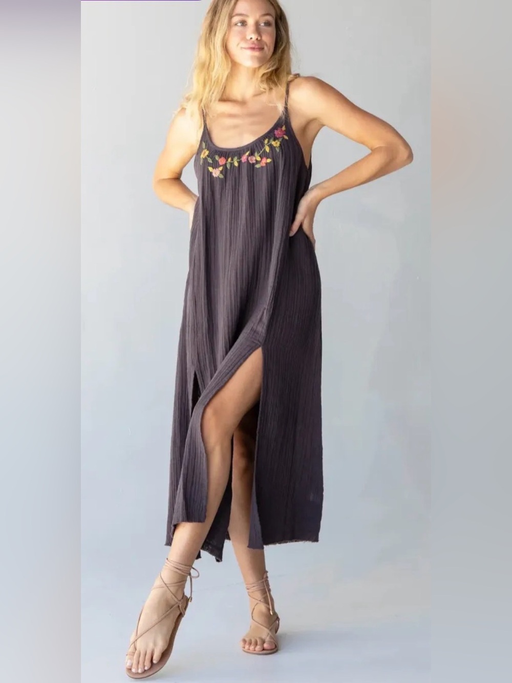 Natural Life Cosette Embroidered Maxi Dress in Charcoal Sz XS/S